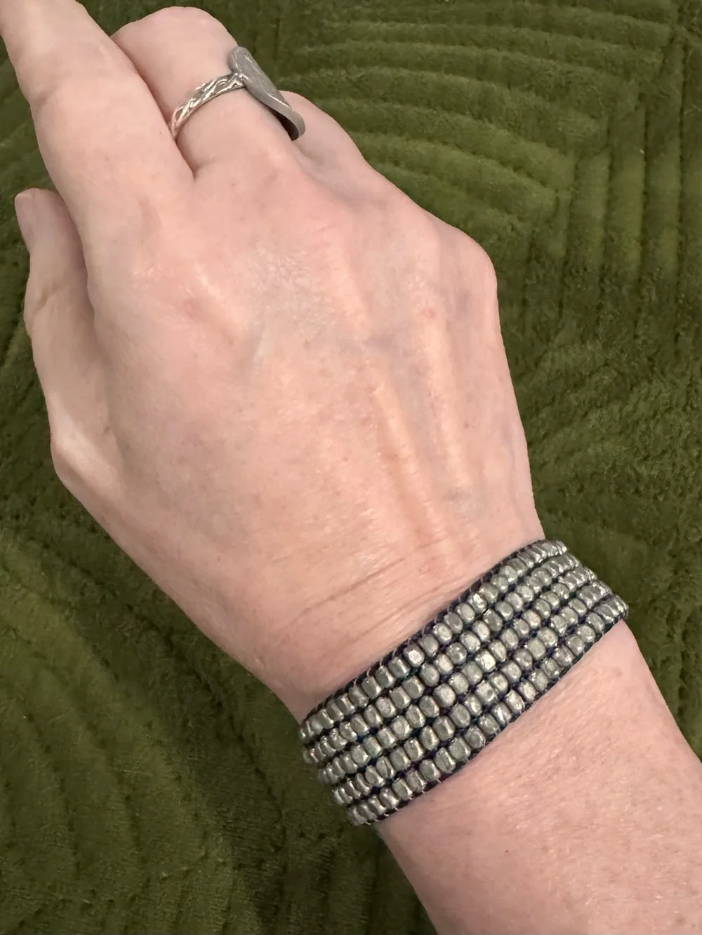 Beaded Metal Mesh Bracelet in Silver with Navy Cord